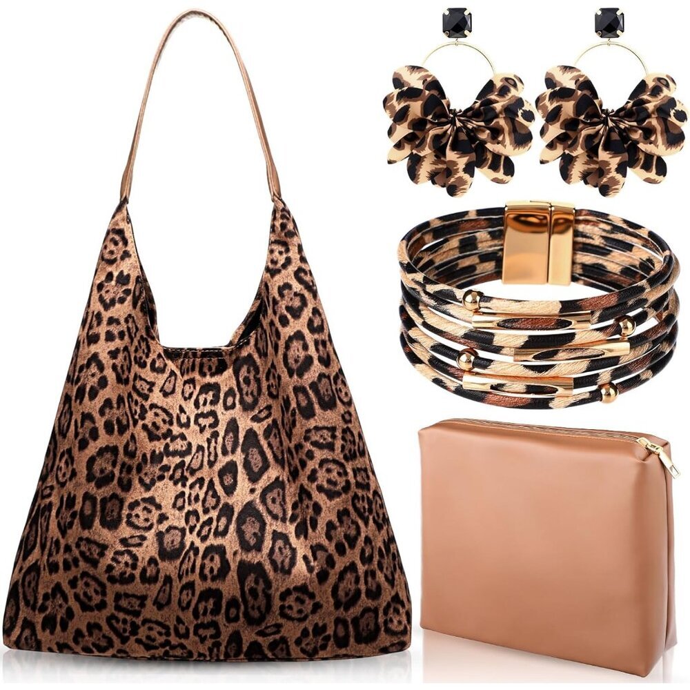 4-Pcs Leopard Print Accessories Set: Tote Bag, Earrings & Bracelet—Gift Ready